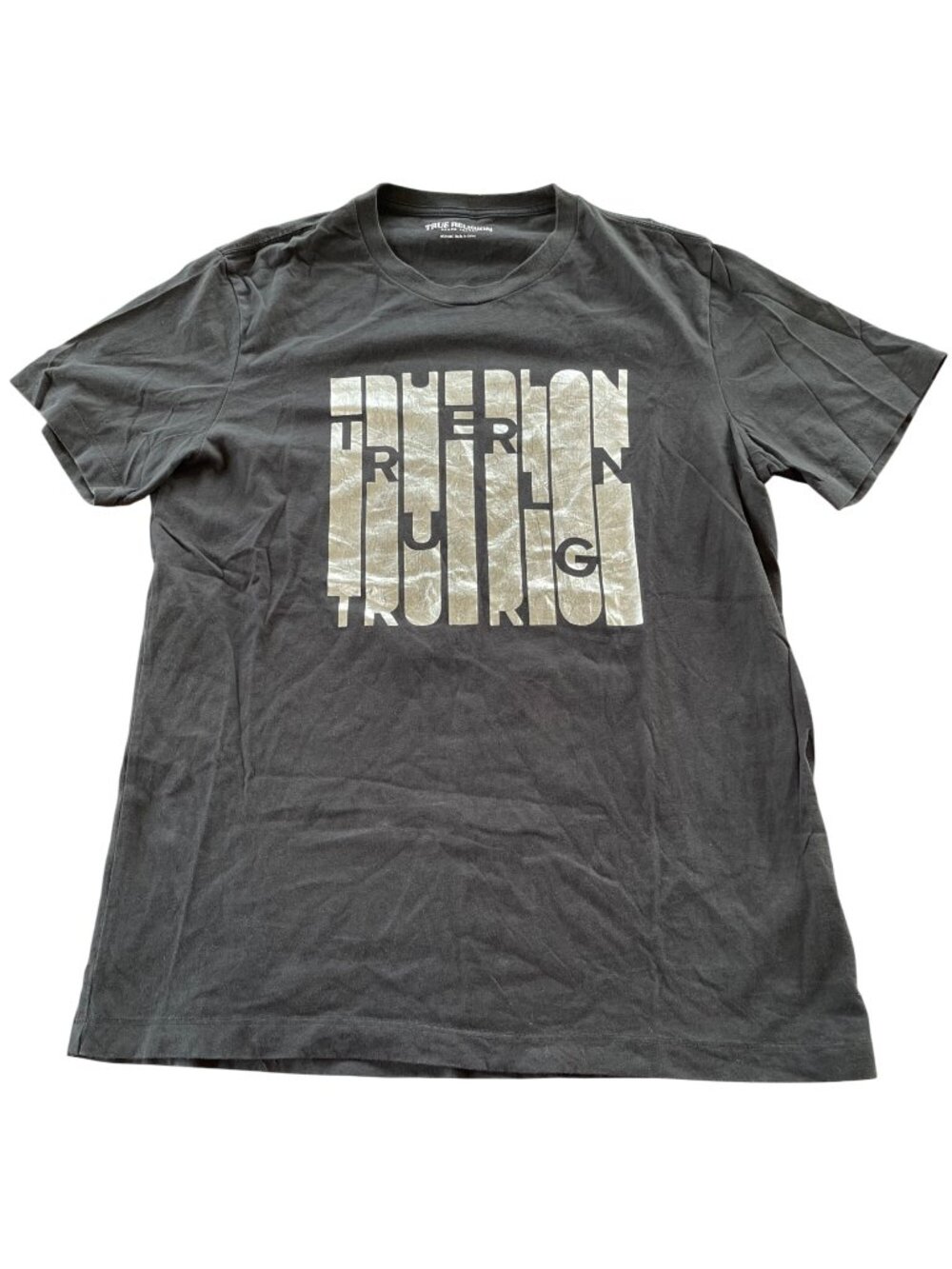 True Religion Metallic Screen Print T-Shirt Black Silver Sz MED Cotton